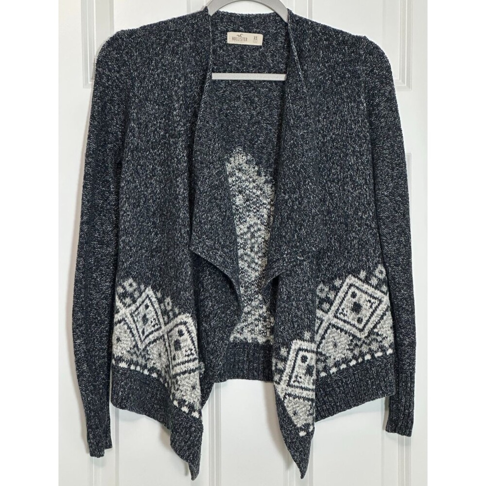 Hollister Boho Tribal Print Flyaway Knit Sweater‎ XS Gray White Soft Girl Cozy